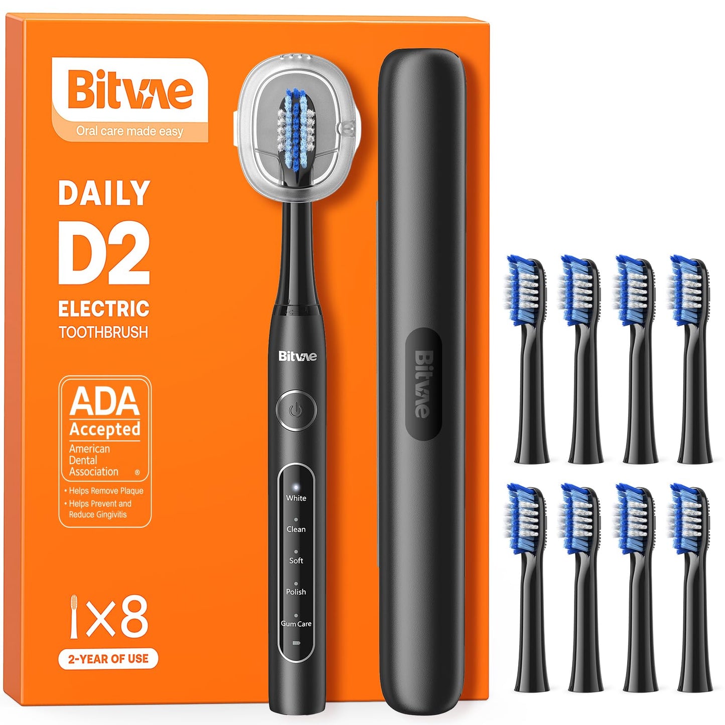 Bitvae ADA Accepted Electric Toothbrush, Travel Toothbrush Rechargeable for Adults and Kids, 60-Day Battery, 5 Modes, 8 Heads, Portable Travel Case & Holder, Shadow Black