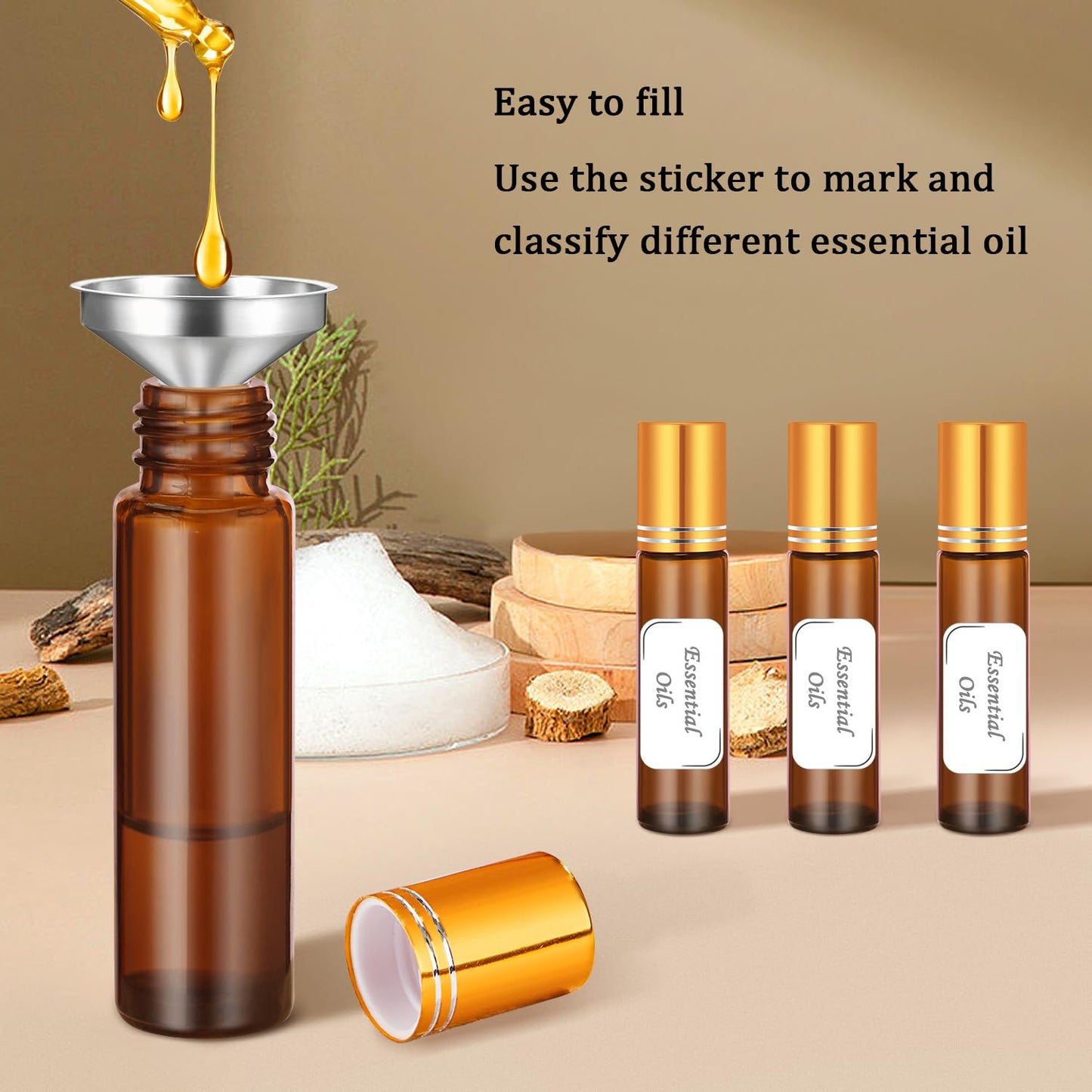 4 Pack, Essential Oil Roller Bottles, Amber Glass Roller Balls for Essential Oils, 10ml Empty Rollerball Bottles for Travel Refillable Roll on Perfume Bottles with Caps