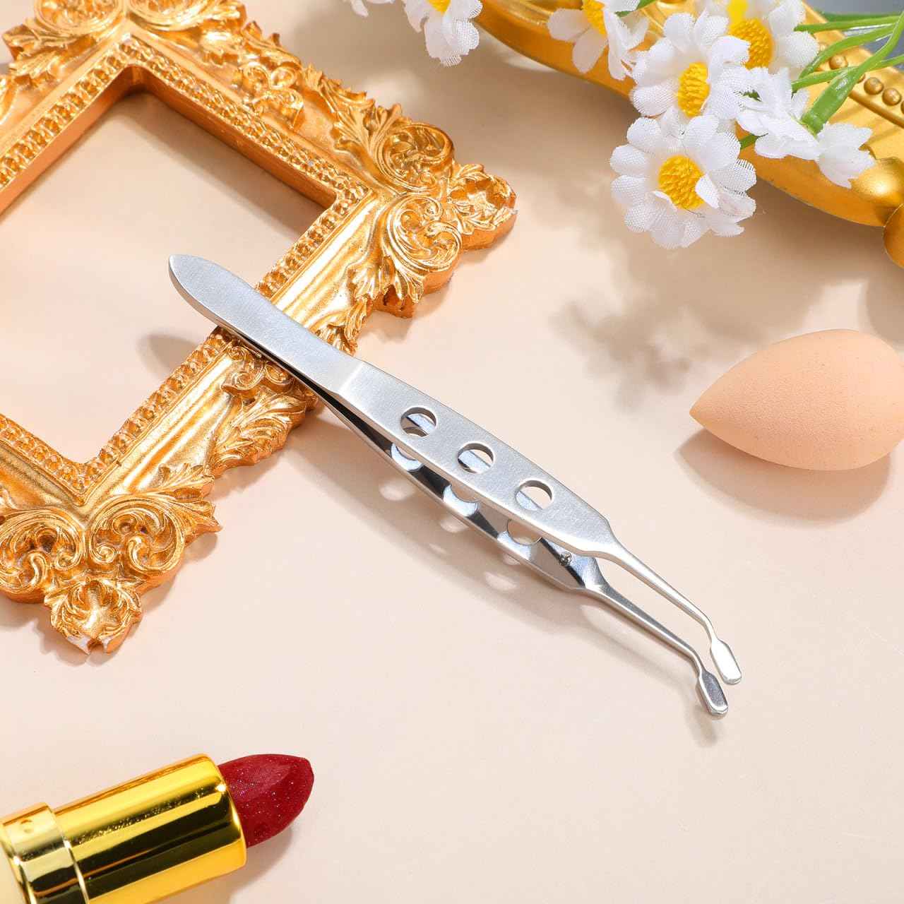 TEHAUX Meibomian Gland Expressor, Stainless Steel Eyelid Massage Tweezer with Positioning Pin, Prevent Excessive Force, Rectangle Tip Eyelid Expressor for Dry Eyes (Silver)