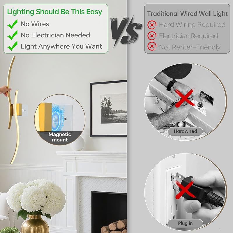 Brushed Brass Wireless Wall Sconces 2-Pack, Dimmable 3CCT, 15–65H Runtime - Arc Style