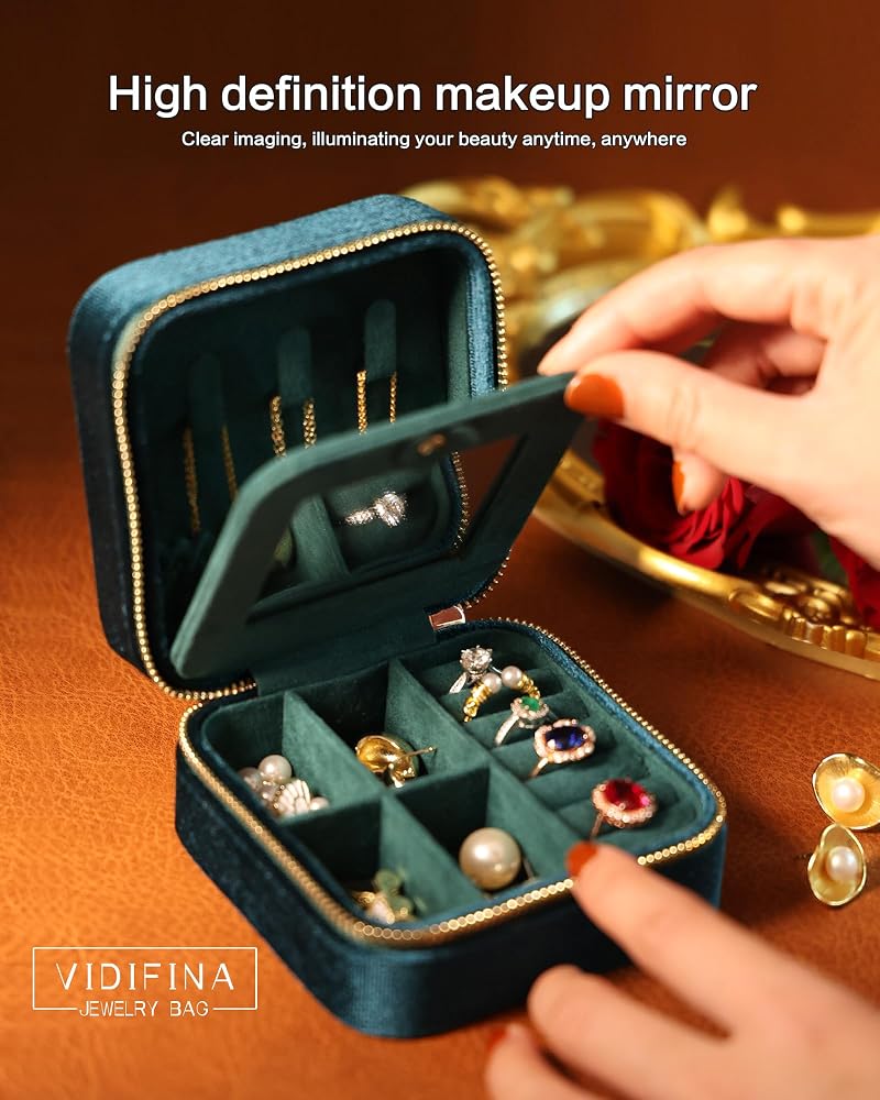 Velvet Jewelry Box Travel Organizer with Mirror - Light Blue, Adjustable Compartments