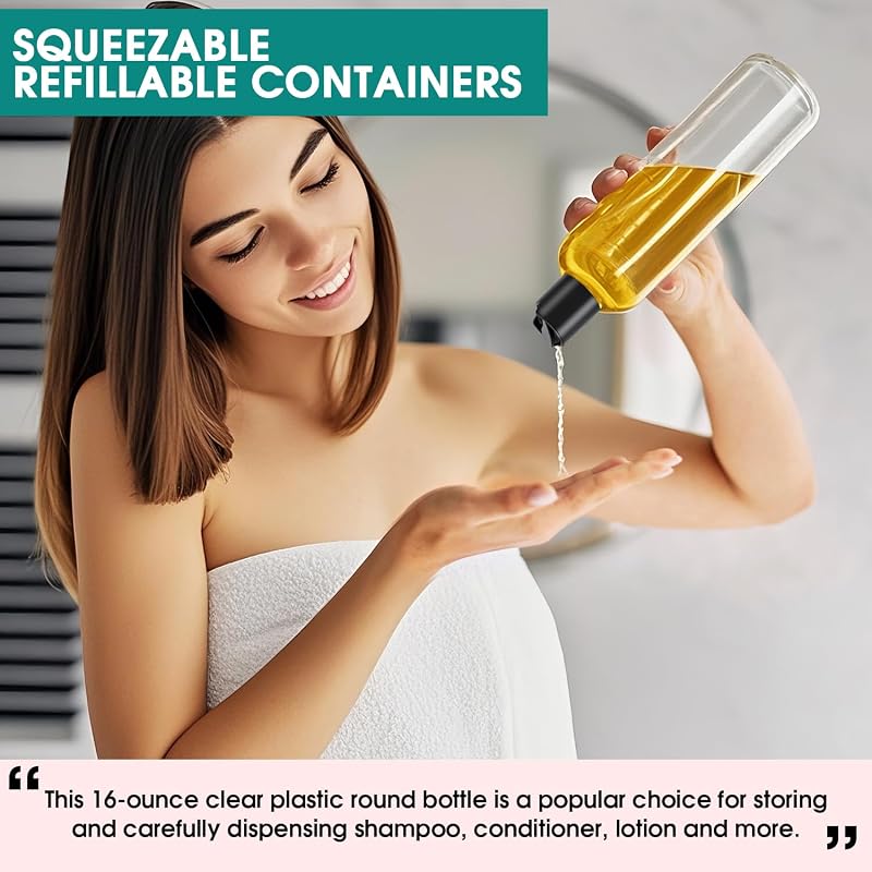 12Pcs 16oz Clear Plastic Refillable Travel Bottles with Black Disc Top Caps - Variation: Clear+16 Ounces (Pack of 12)