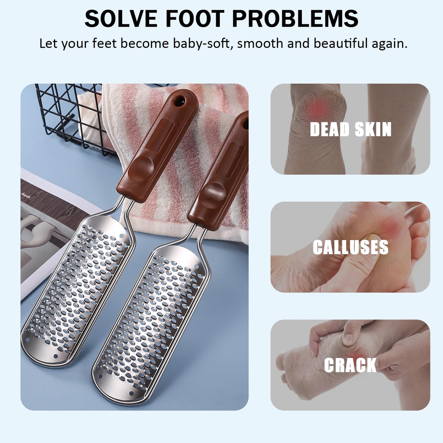 Washable Stainless Steel Foot File Callus Remover, Foot Scrubber and Heel Scraper for Cracked Heels,Foot Grater and Pumice Stone for Feet