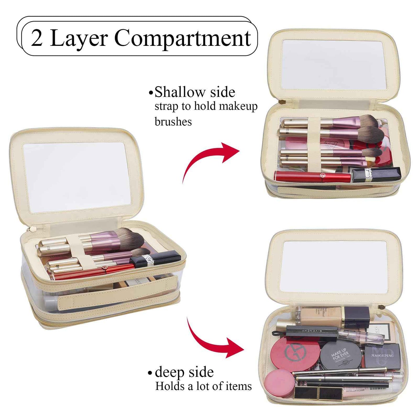 DIYOOHOMY Clear Makeup Bag Double Layer Two Sided With Zipper White Cosmetic Small Make Up Case Compartments Brush Travel Leather Toiletry Women Organizer Transparent Waterproof Pouch