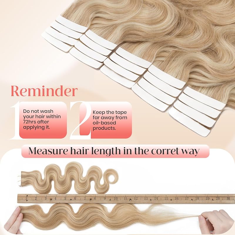 Human Hair Tape-In Extensions 14 Inch Ash Blonde & Bleach Blonde 20pcs 40g - Remy wavy