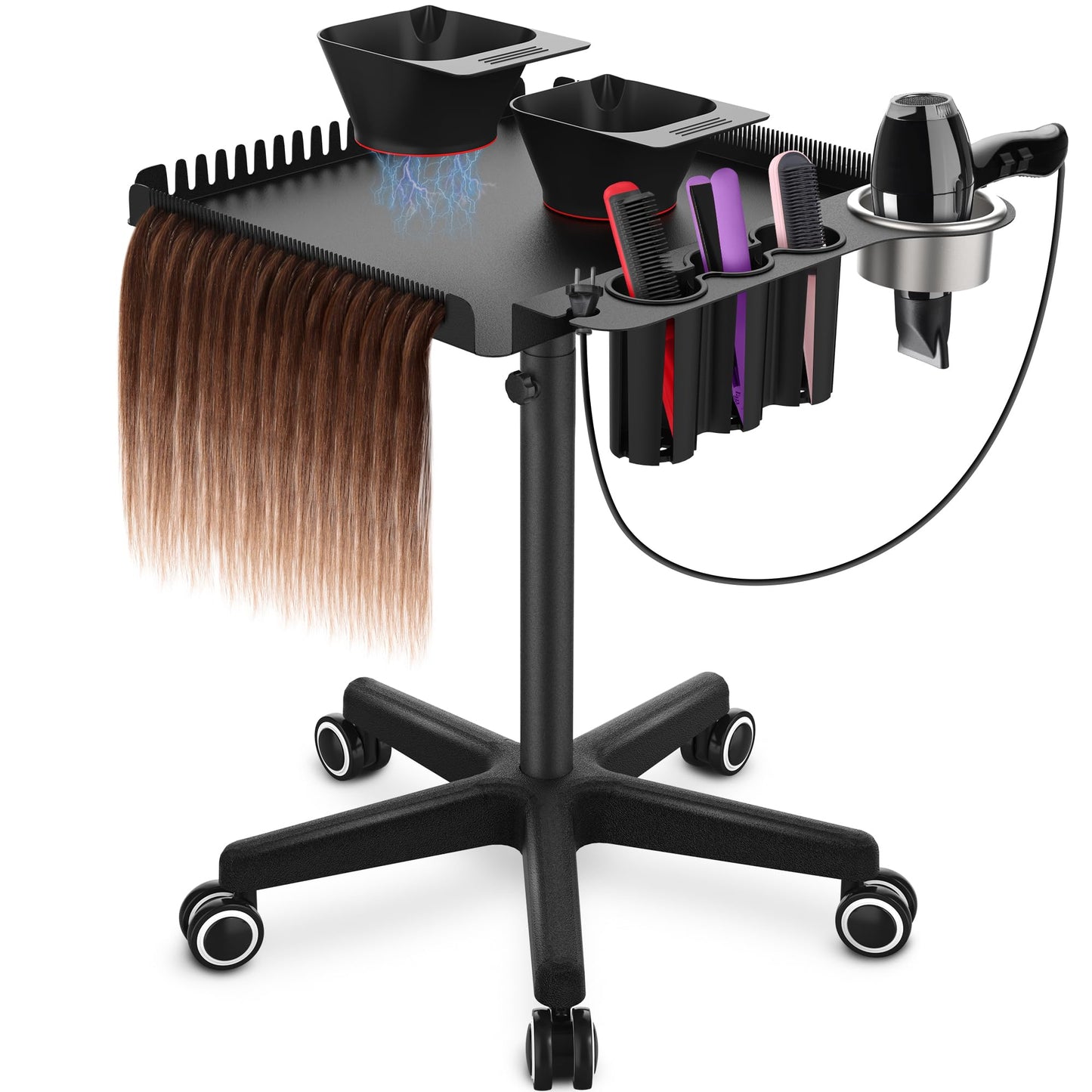 TASALON Professional Hair Styling Station Cart, Rolling Salon Tray with Magnetic Bowls, Tool Holders and Dryer Mount, Black