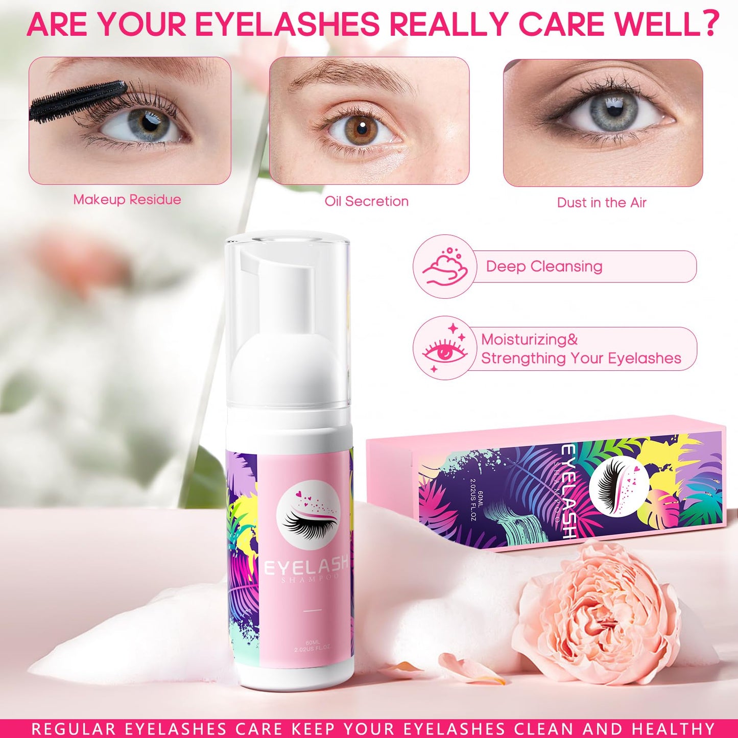 Buqikma Lash Cleaning Kit - Lash Shampoo Kit Eyelash Extension Cleanser for Extensions 60ML with Rechargeable Handheld Lash Fan Dryer Mascara Brush Rinse Bottle Makeup Cleansing Foam for Lash Care