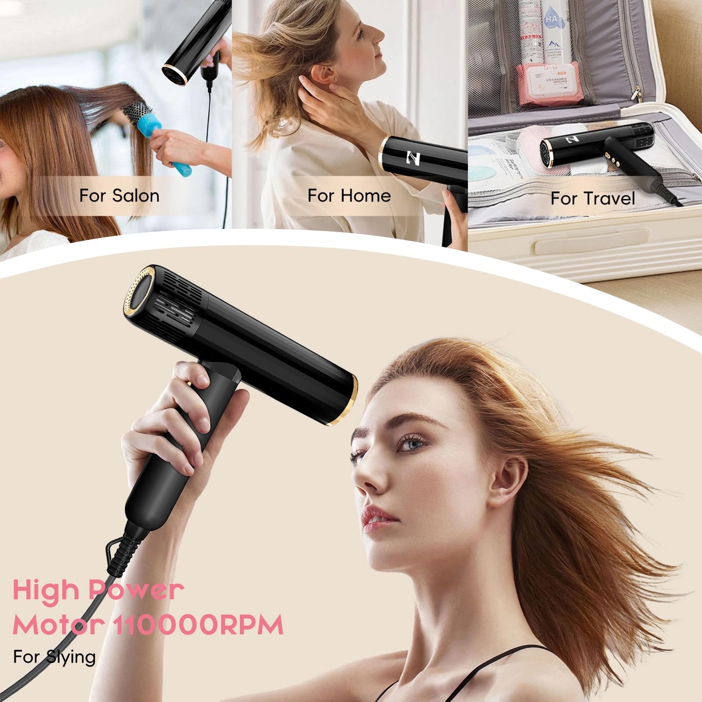 Nicebay Hair Dryer, Ionic Blow Dryer with Diffuser, 1600W &110000RPM High-Speed Brushless Motor for Fast Drying, Lock Function, Constant Temperature, Lightweight