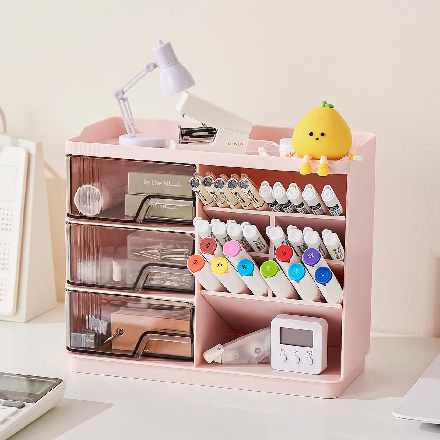 UFORU Makeup Organizer Countertop with 3 Drawers, Multi-Function Desktop Vanity Organizer for Skincare Makeup Brush Lipstick, Bathroom Counter Organizer, Pink