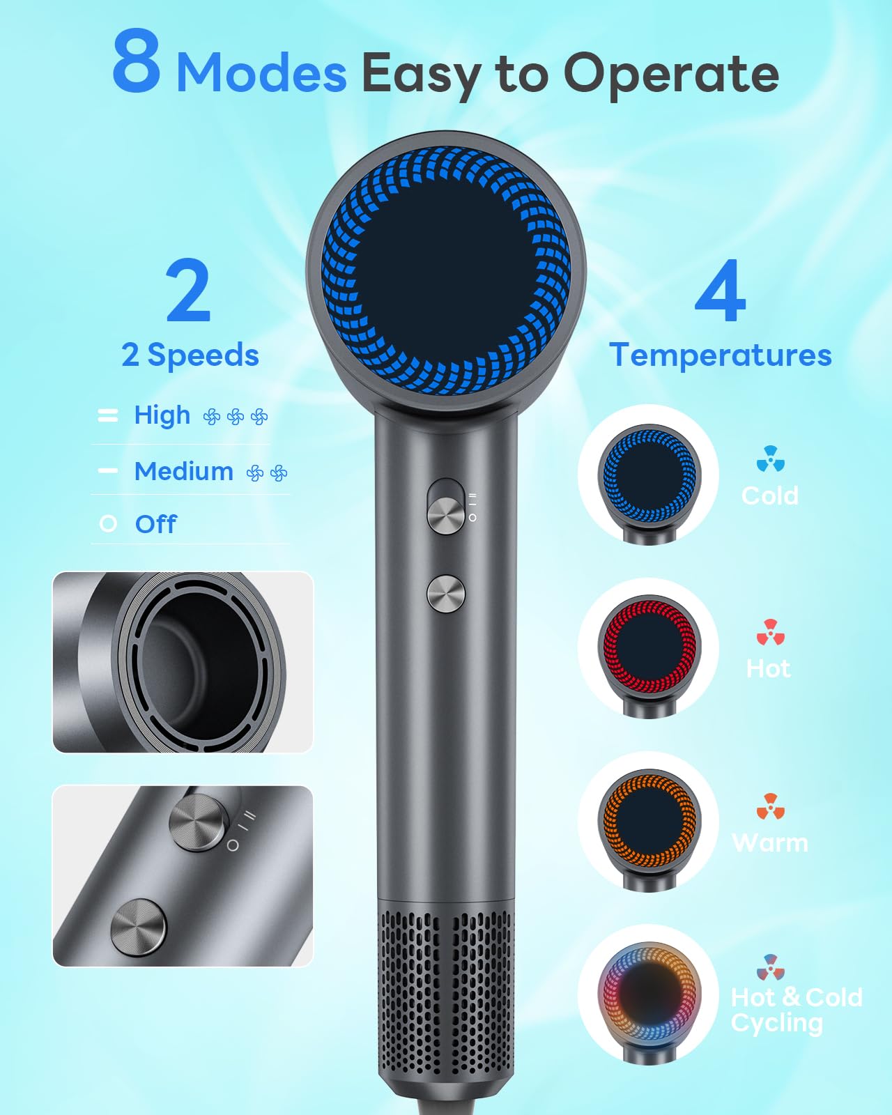 Hair Dryer, 110,000 RPM Professional High-Speed Blow Dryer with Plasma Ion, Thermo-Control, 4 Heat & 2 Speed, Lightweight & Low Noise, Magnetic Nozzle for Fast Drying at Home, Travel & Salon