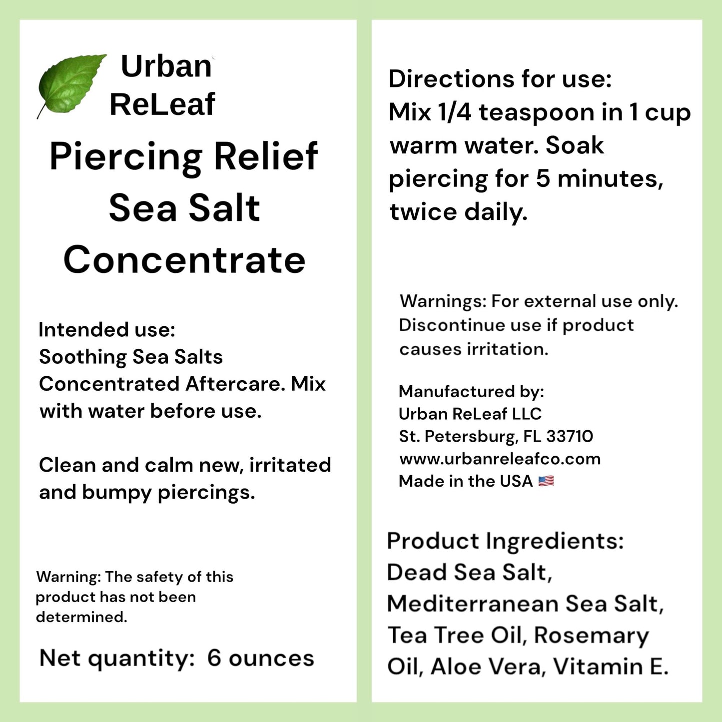 Urban ReLeaf Piercing Relief Sea Salt Concentrate AFTERCARE 6 oz. Bag! Makes 90 Cups! Safely Clean, Soothe, Gently Calm Irritated & Keloid Bump Piercings. Dead Sea Salt, Tea Tree, Rosemary