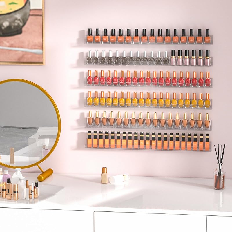24 Inch 6 Pack Acrylic Nail Polish Rack Wall Mounted Organizer Clear 150 Bottles