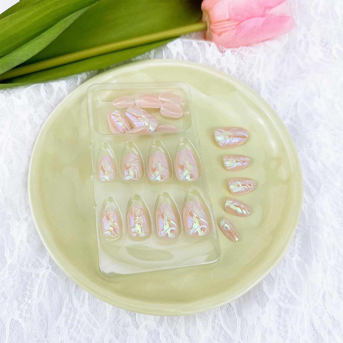 24 Pcs Almond Press on Nails Medium Length French Fake Nails with Aurora Designs Glue on Nails Full Cover Nude Acrylic Nails Summer False Nails 3D Lines Stick on Nails for Women Nail Supplies