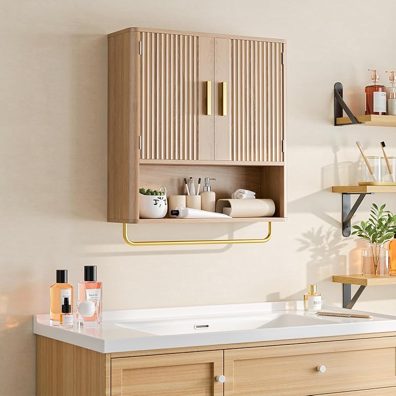 Natural Wood Bathroom Wall Cabinet with Fluted Door, 5-Level Adjustable Shelf