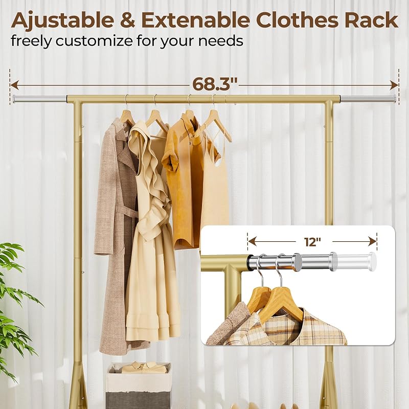 HYSEYY Gold Heavy-Duty Rolling Clothes Rack 450 LBS - 68.5in Wide, Wheel Locks