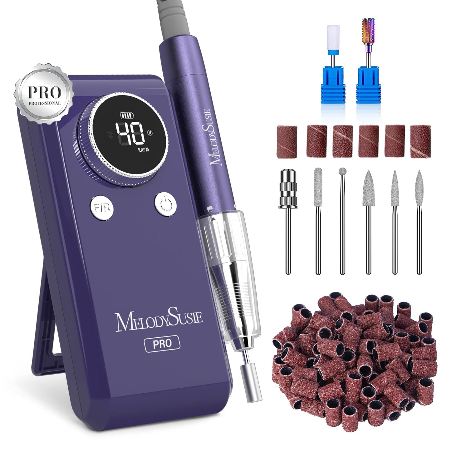 MelodySusie Professional 2 in 1 Nail Drill Kit 40,000 RPM, MB420G Brushless Portable Cordless Rechargeable Electric Nail File, Efile Nail Drill Machine for Acrylic Gel Nails Polishing Removing, Purple