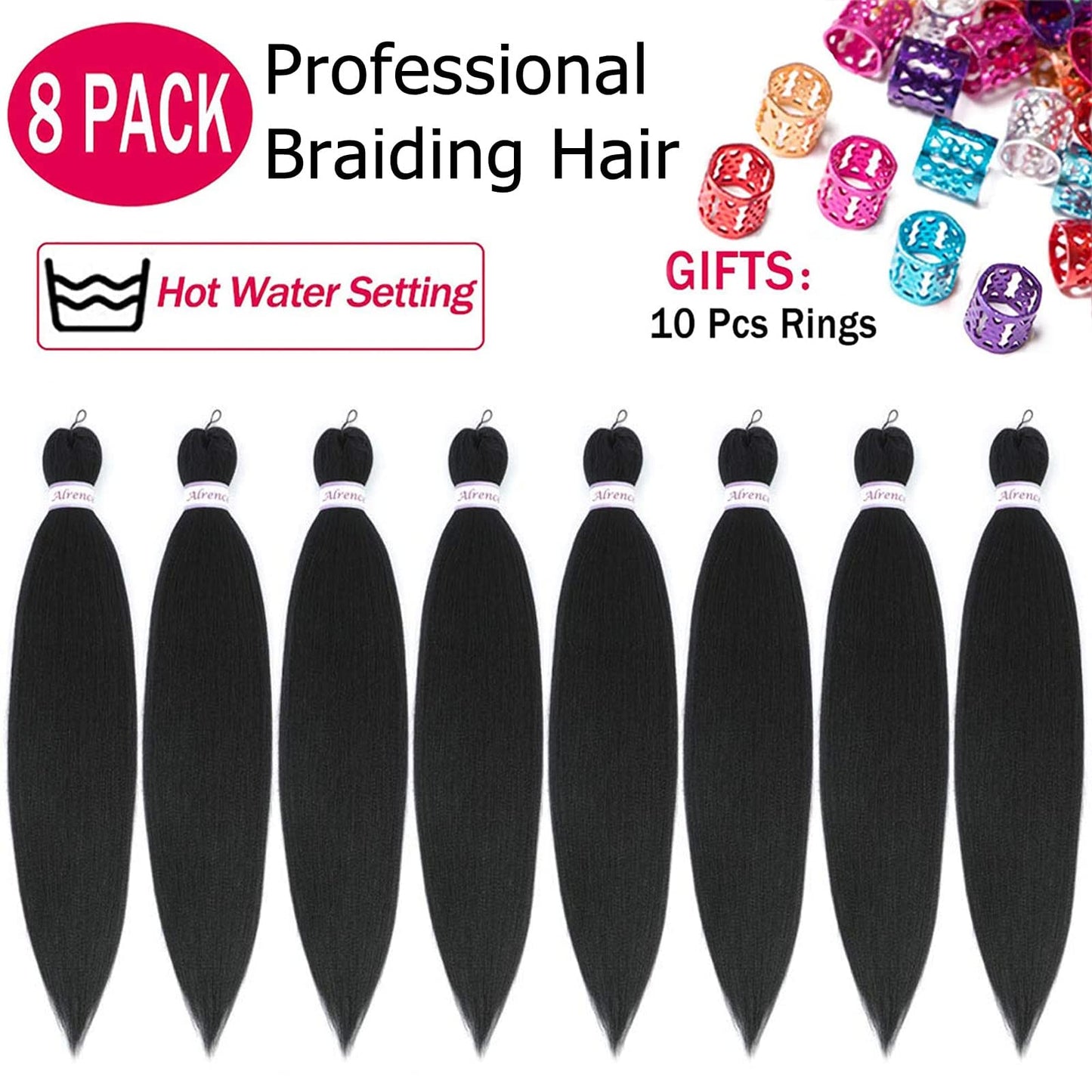 Alrence Pre Stretched Braiding Hair Long Braid 16 Inch 8 Packs Professional Braiding Hair Extensions Synthetic Crochet Twist Braids (16 Inch,1B#)