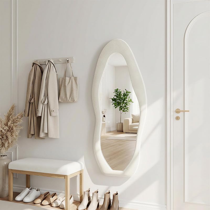 Wall Mirror 56 x 24 in - Irregular Wavy Full Length Flannel Frame (Beige, 56"L x 24"W) - FlyEcho