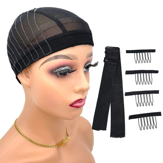 Atimiaza Wig Cap with Guideline Map for Wig Making, Stretchable Mesh Dome Caps with 1 Elastic Band and 4 Wig Combs for Beginners Sewing Wig (Small: 19"-20", 4 * 4 Closure)