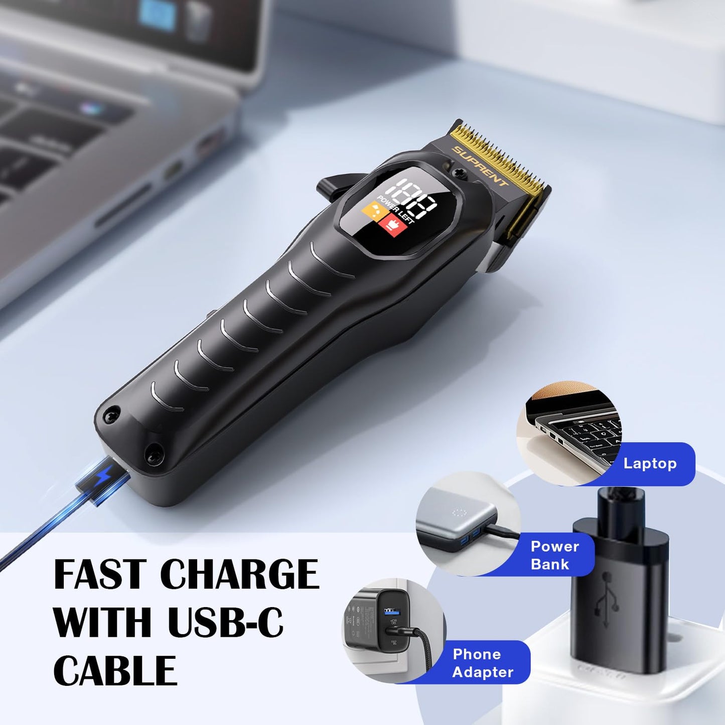 SUPRENT Hair Clippers Set for Men, Rechargeble USB-C Hair Trimmer for Professionals & Homecuts, LED Display (Black)