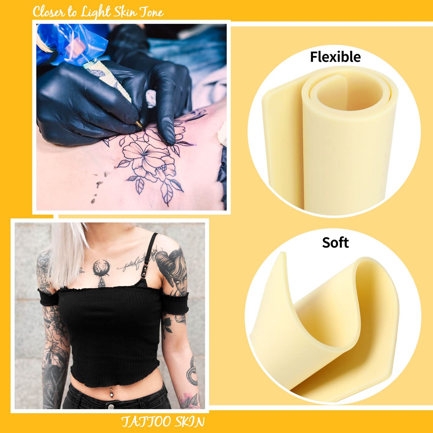 6 Pcs 3mm Fake Skin Practice Kit, 11.8x8.3 in Thick Silicone Skin with 2 Pcs Tattoo Template, for Beginner & Experienced Tattoo Artists (12x8in-6pcs)