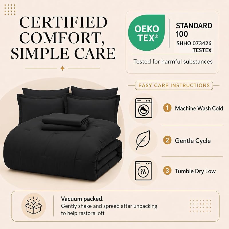 Oversized King Comforter Set Black - 7-Piece Bed in a Bag, CozyLux Variation: Black+Oversized King