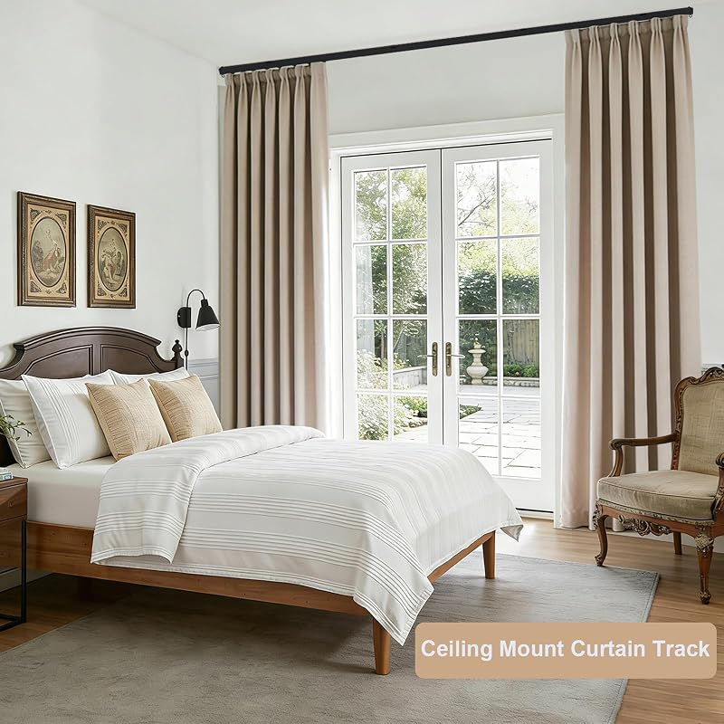 Ceiling Curtain Track System 9ft-12ft, Heavy Duty Wall/Ceiling Mount with Hooks & Clips - Black (Variation: Black+9ft - 12ft)