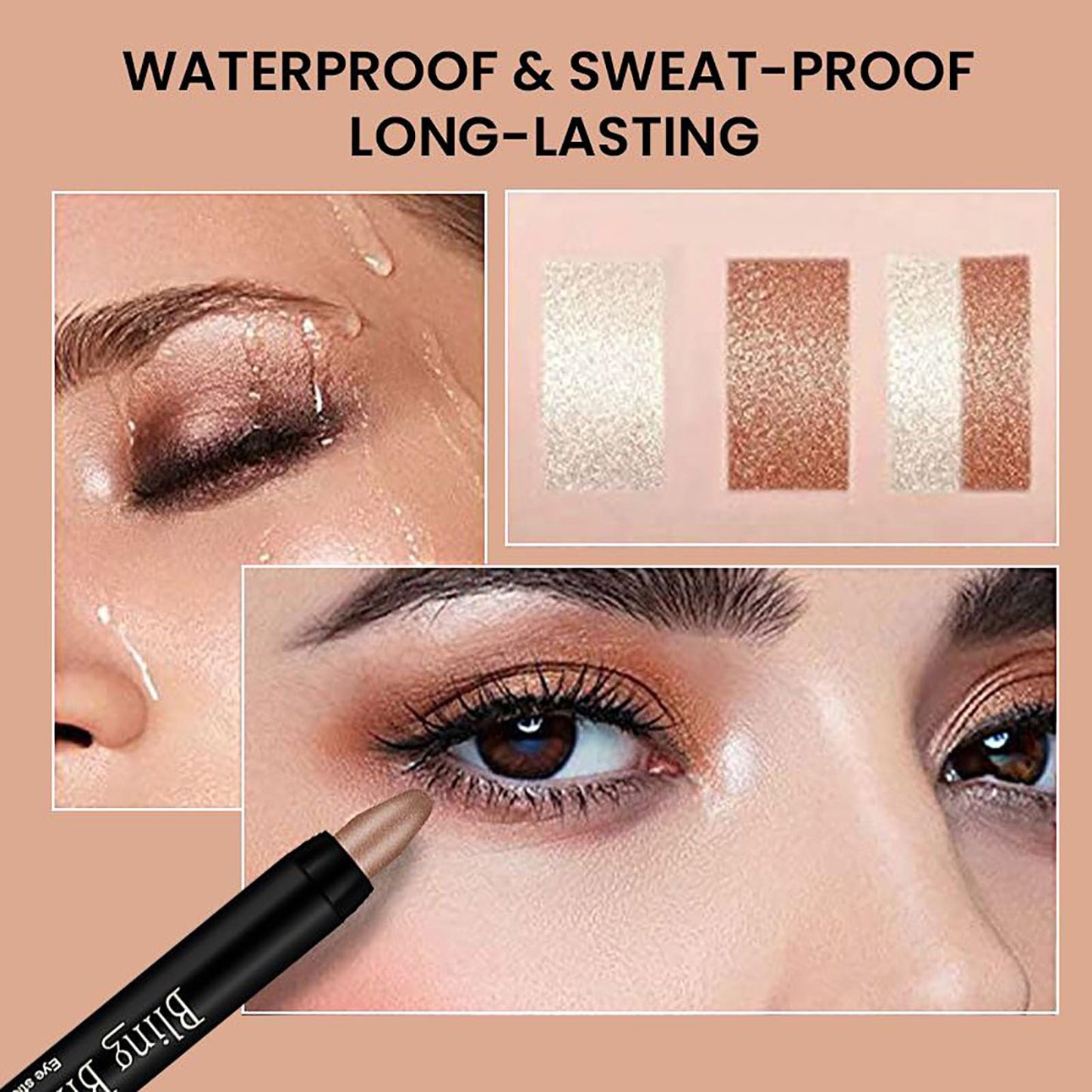Eyeshadow Shimmer Stick, 16 Color Highlighter Eyeshadows Pencil Waterproof Glitter Eye Shadow Eyeliner Pen, Waterproof Eyeshadows Shimmer Stick Long Lasting Brightener Eyeshadow (15 Gold Brown)