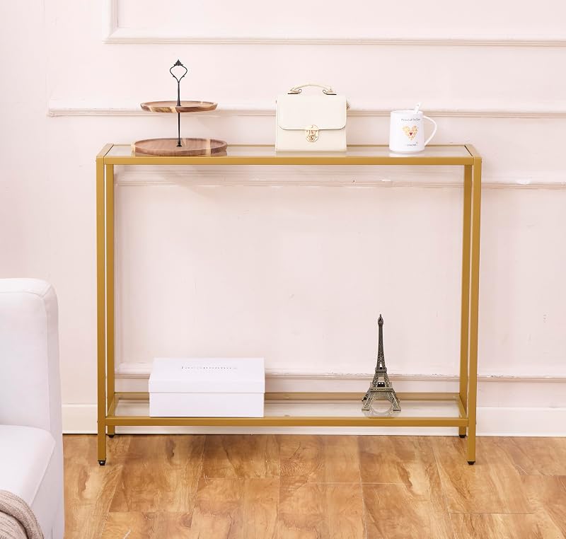 Gold Double-Layer Tempered Glass Console Table with Metal Frame - Small Modern Sofa Table