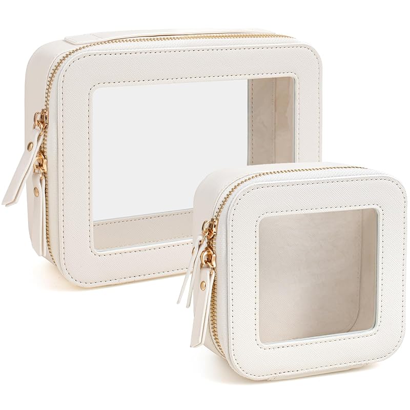 KOTORA White Clear Makeup Bag Set - 2 Pack Travel Cosmetic Pouches, PU Leather, TSA-Ready Car Organizer