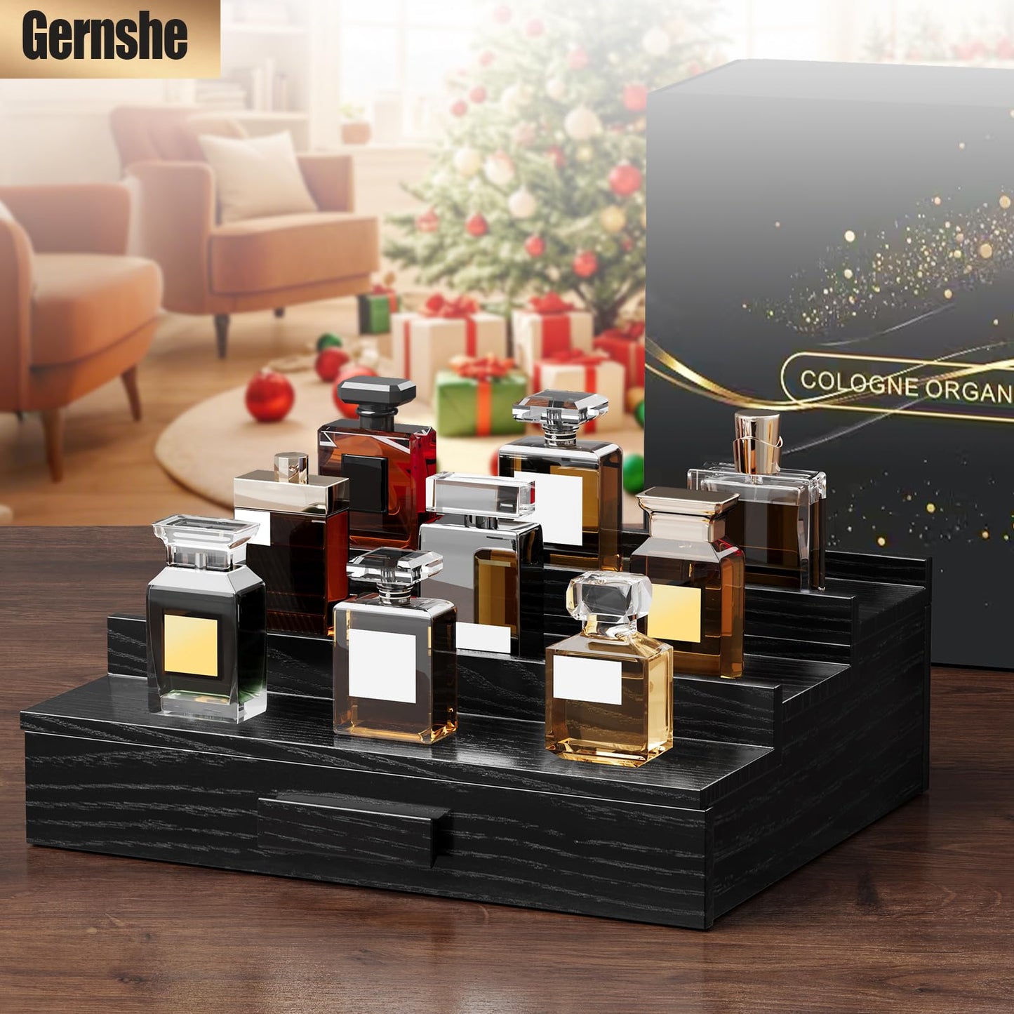 Gernshe Cologne Organizer for Men,3 Tier Solid Ash Wood Cologne Stand,Cologne Shelf Display Holder,Perfume Stand Organizer with Drawer and Hidden Storage,Great Gift for Men Father's Day,Black