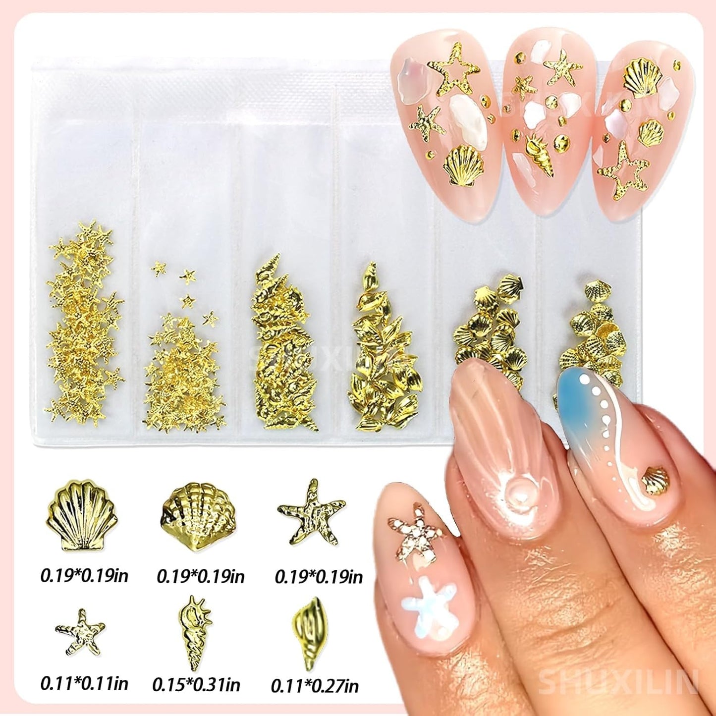 SHUXILIN 600Pcs 3D Metal Nail Charms Mixed Shapes Gold Shell Starfish Conch Alloy Nail Rivets Flat Back Gold Nail Rhinestones Metal Nail Gem Summer Beach Charm for Acrylic Nails for Women Nails Design