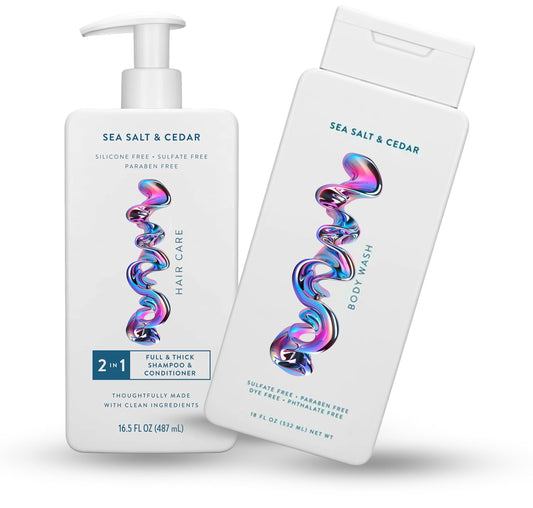 Hair and Body Wash - 2 in 1 Shampoo and Conditioner And Body Wash - Sea Salt & Cedar - Contain Naturally Derived Ingredients | All Hair - 16.5 and 18 FLOz - Pack Of 02