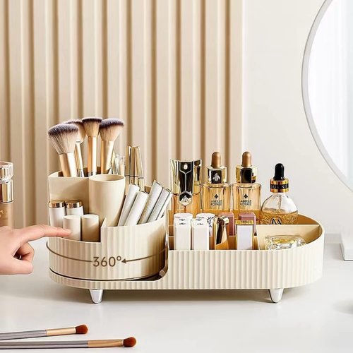Rotating makeup organizer,Large Capacity Cosmetic Display Case, easy to hold all of your makeup products, at least 20 makeup brushes/eyeliner,10 lipsticks,8 skincare products(Black)