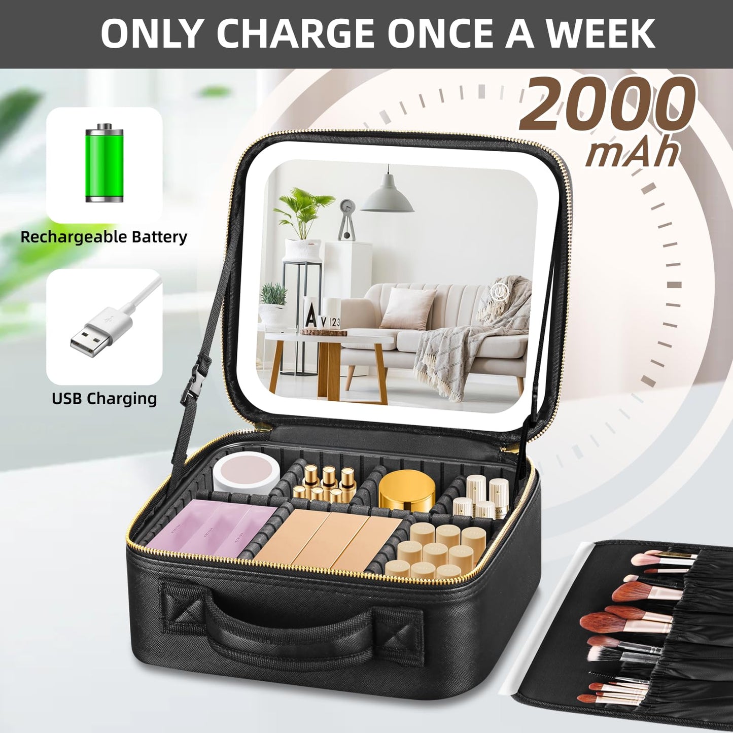 RRtide Travel Makeup Bag with Mirror of LED Lighted, Makeup Train Case with Adjustable Dividers, Makeup Case with Mirror and Detachable 10x Magnifying Mirror