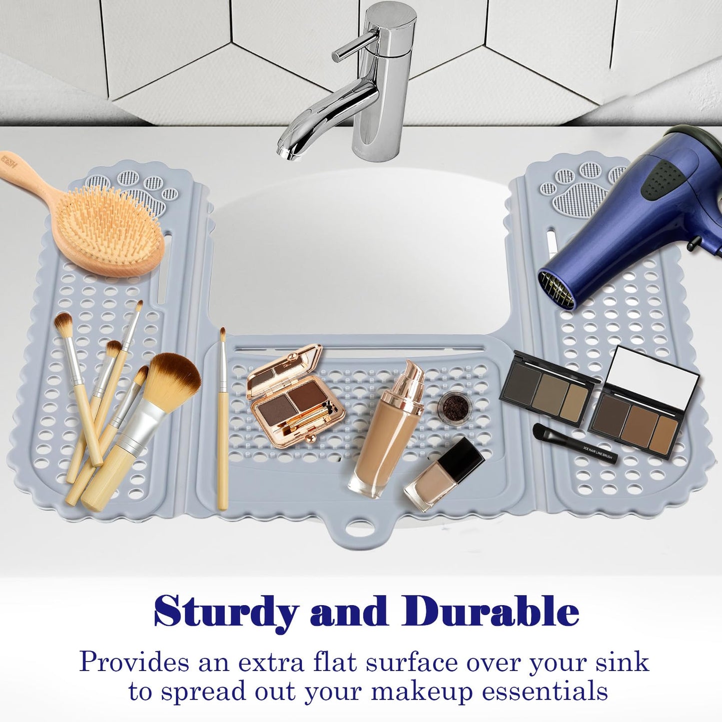 WIOR Sink Top Cover for Counter Space Makeup, Foldable Silicone Sink Covers Heat-Resistant Beauty Makeup Brush Cleaning Mat Hot Tools Organizer Space Saver Bathroom Must Haves for RV Camper Travel