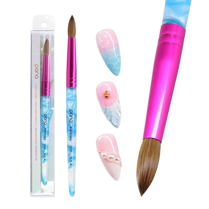 Round Nail Brush – Pure Kolinsky Hair, White Swirl Blue Handle, Pink Ferrule, Size 12 — PANA USA Variation