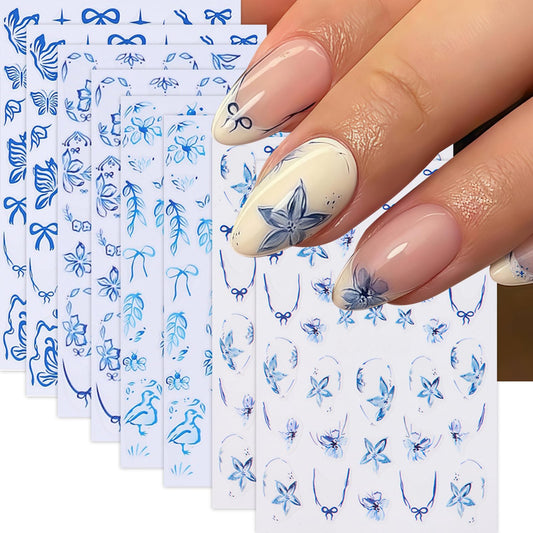 8Sheets Flower Nail Stickers for Nail Art Blue Bow French Line Nail Decals 3D Self-Adhesive Butterfly Leaf Floral Designs Nail Supplies Manicure Accessories for Spring Summer DIY Nails Art Decoration