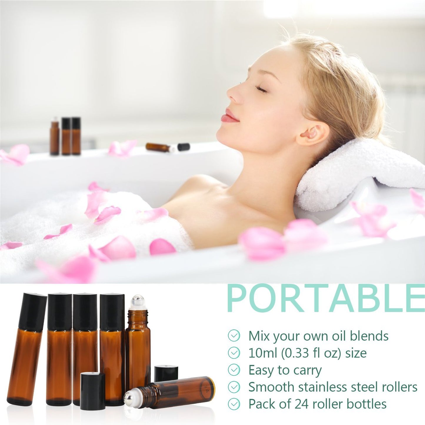 Mavogel 24pack, 10ml Roller Bottles for Essential Oils - Amber, Glass with Stainless Steel Roller Balls (3 Extra Roller Balls, 54 Pieces Labels, Opener, Funnel, Dropper, Brush Included)