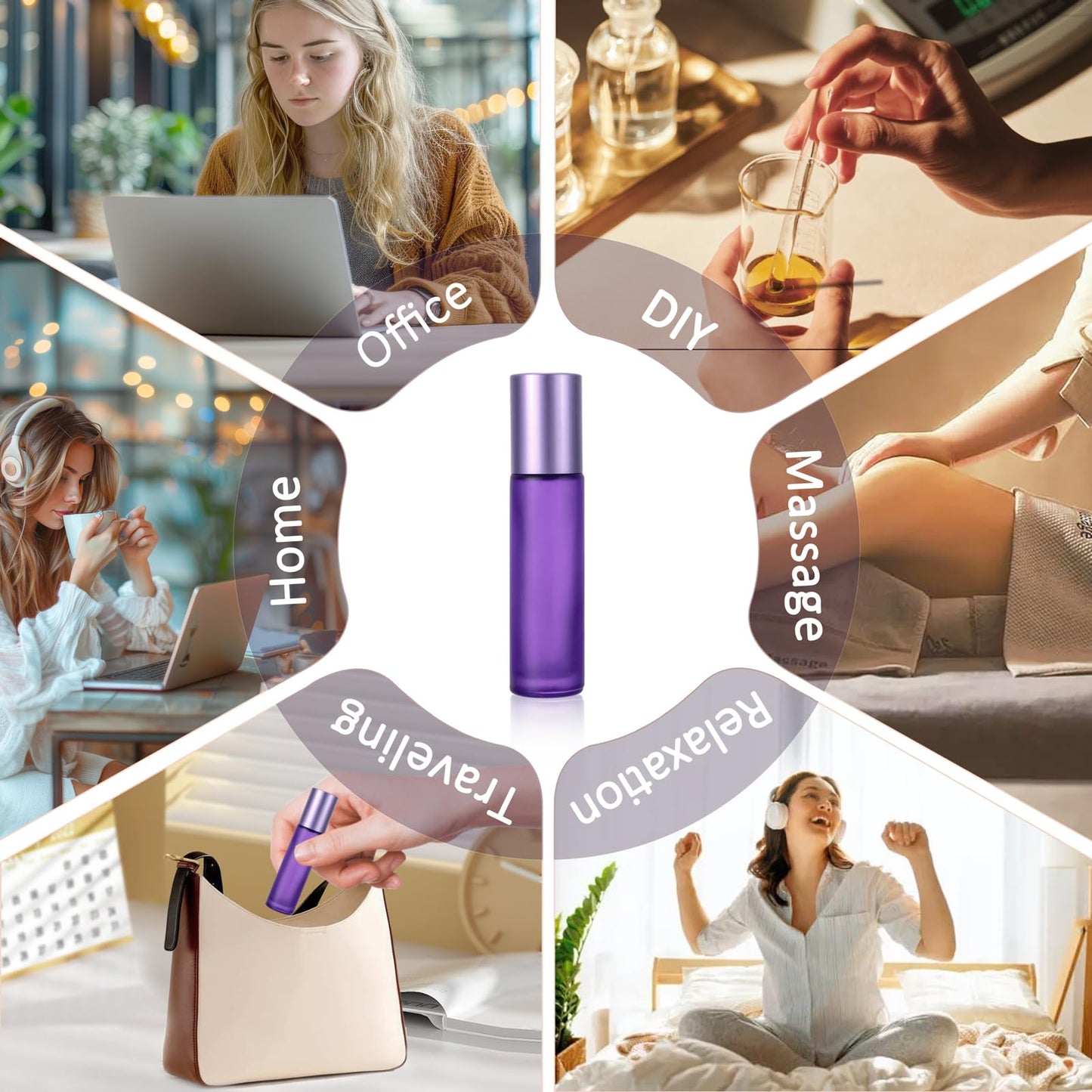 Kesell 10-Pack 10ml Glass Roller Bottles for Essential Oils - Travel- (3.34x0.78inch), Stainless Steel Roll-On Balls, Leak-Proof Caps - Refillable Perfume, Aromatherapy Bottles