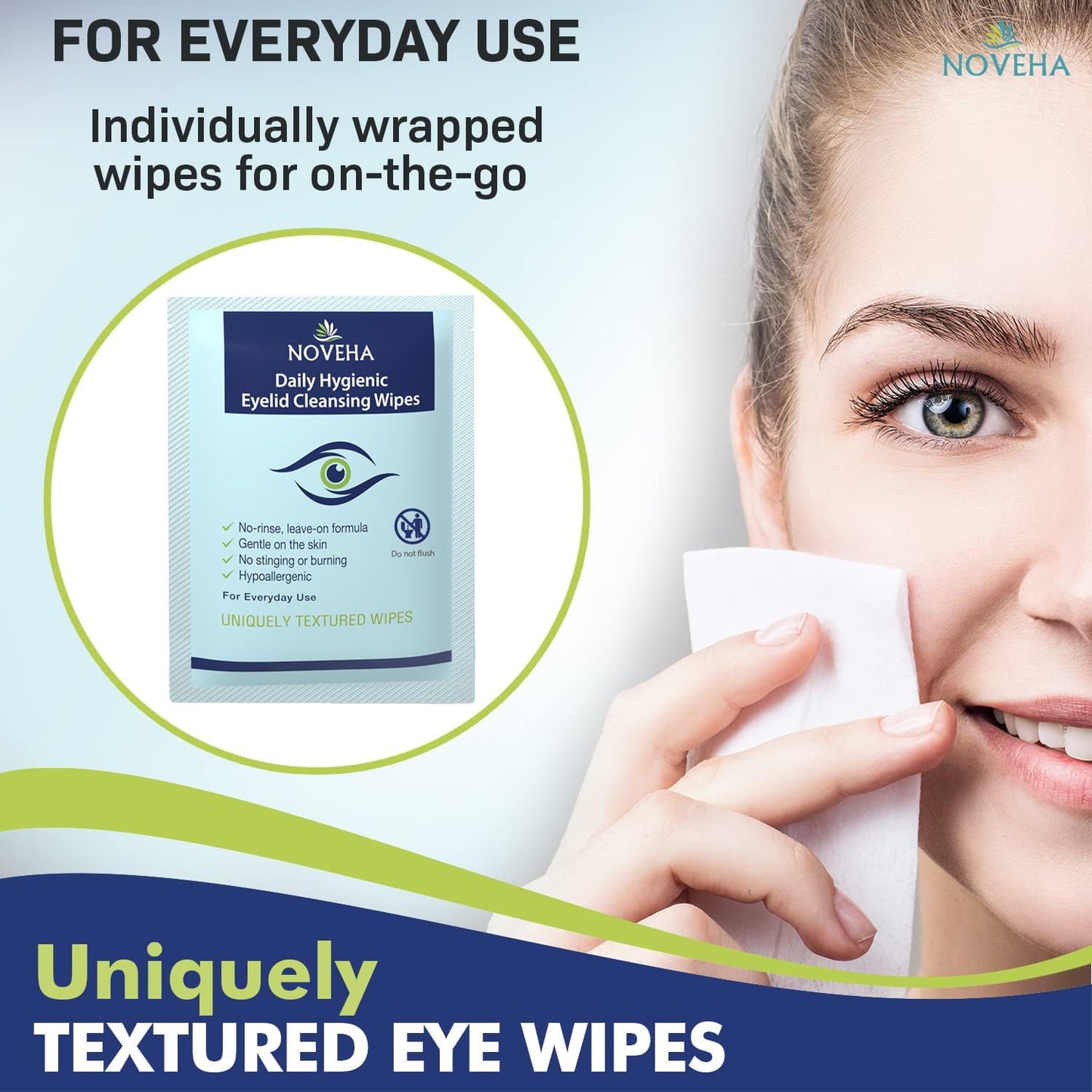 NOVEHA 120Pcs Daily Hygienic Eyelid & Lash Wipes | 120 Individually Wrapped Cleansing Eyelash Wipes - For Blepharitis & Itchy Eyes, Demodex and Natural Makeup Remover & Daily Cleanser (2 Pack)