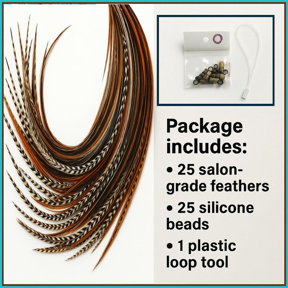25 Feather Hair Extension Kit 7"-13" long – 100% Real Rooster Feathers – Long, Natural Strands by Sexy Sparkles (Dark Browns)