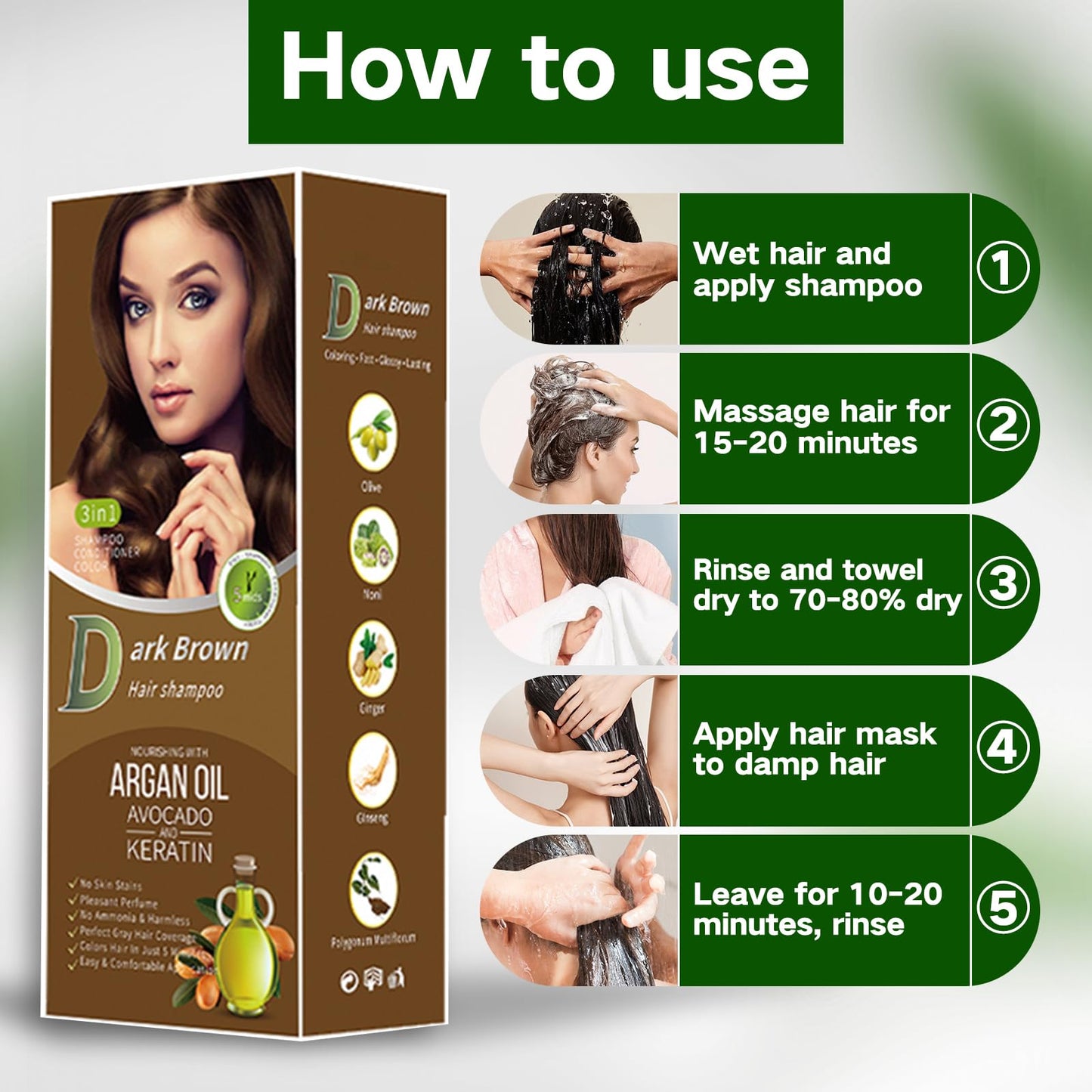 Fokiabin Gray Coverage Color Shampoo - 3-in-1 Color Depositing Shampoo with Herbal Formula, Ammonia-Free Hair Dye for Women & Men, Long-Lasting Root Touch Up (Dark Brown, Lasts 6 Weeks)