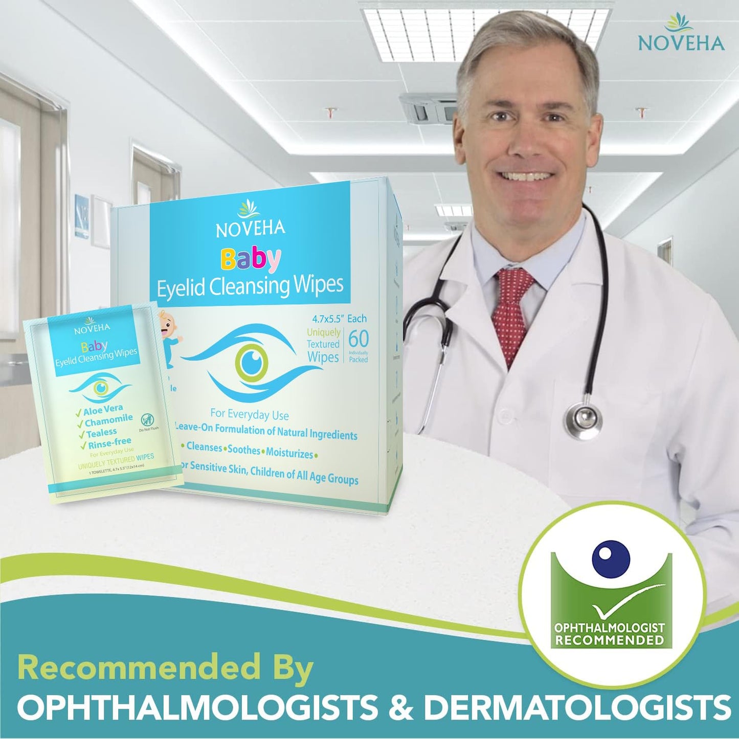 NOVEHA Baby Eyelid & Lash Wipes | Safe & Natural Pack of 60 Pre-moistened Wipes