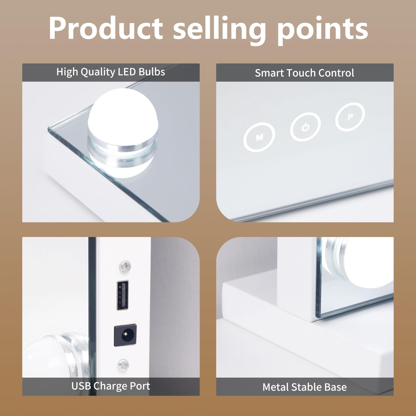 NUSVAN Vanity Mirror with Lights Lighted Makeup Mirror with Dimmable LED Bulbs,3 Color Lighting Modes,USB Charging Port Touch Control,Sturdy Metal Frame Design,White (50x40cm, 4.70)