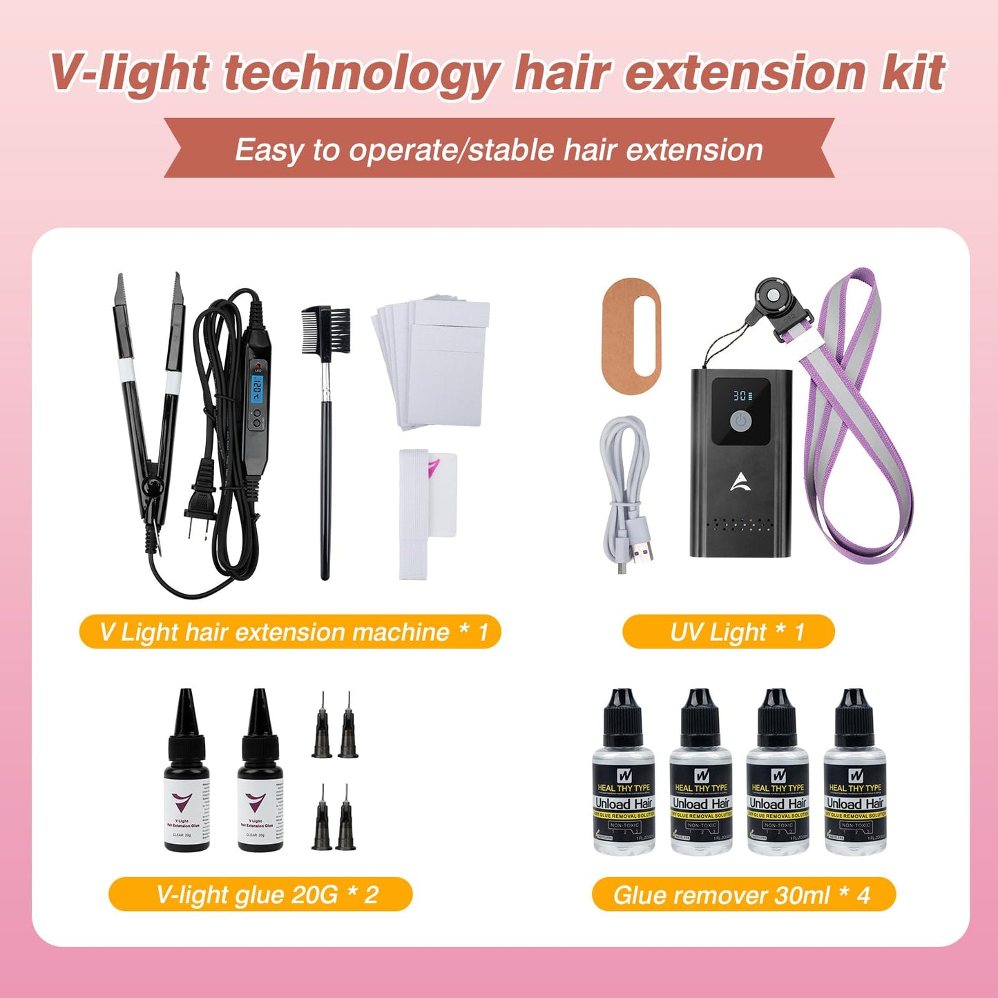V Light Hair Extensions Kit Professional V Light Hair Extension Set With V Light hair extension machine, UV Light, V-light glue 20G * 4, glue remover 30ml * 2 Hair Extensions Tool Set