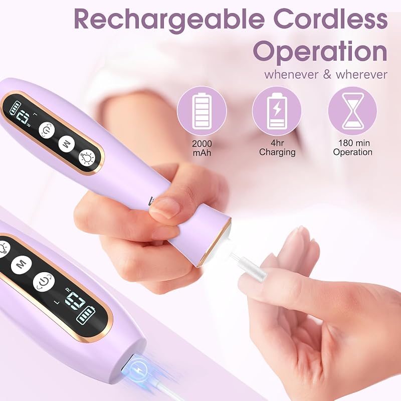 Hoxida Cordless Nail Drill 2000RPM | Purple – USB-C Rechargeable Nail File with 360° LED Light, LCD Display