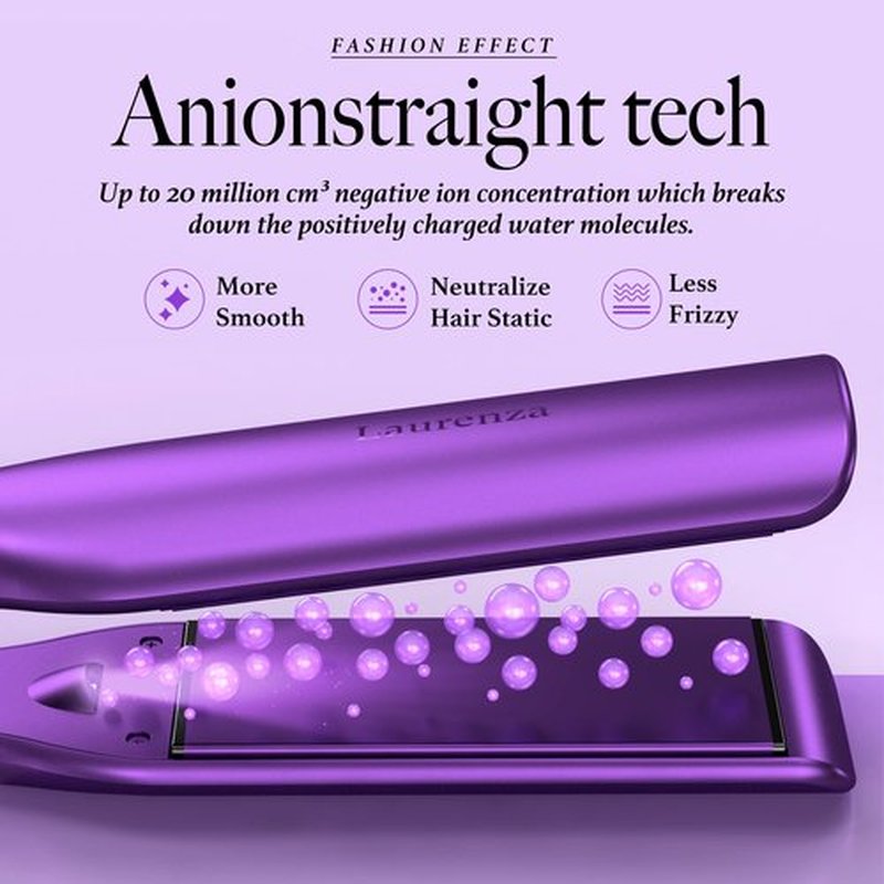 Laurenza 2-in-1 Hair Straightener & Curler, 8.5" Extra-Large Ceramic Iron with 20M Anions (Purple)
