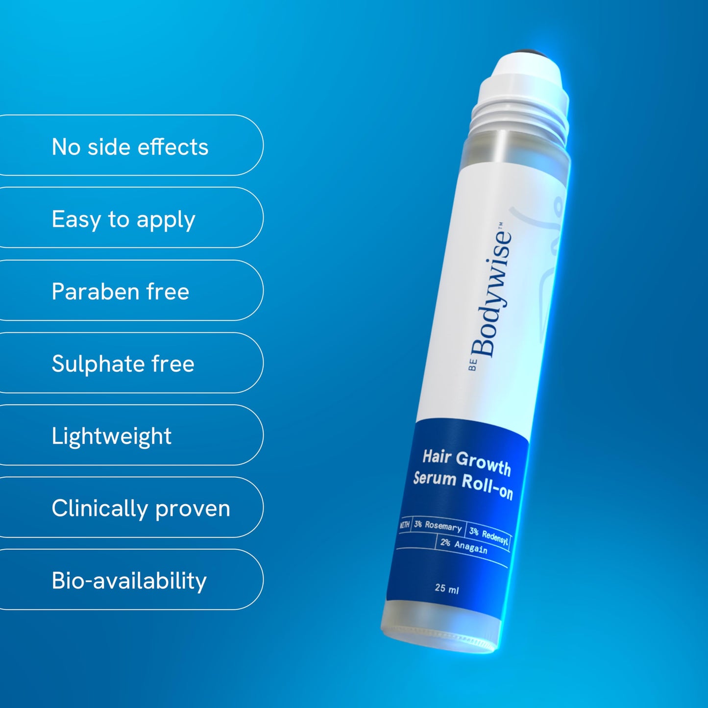 Be Bodywise Rosemary Hair Growth Serum Roll On 25 ml – 3% Rosemary, 3% Redensyl & 2% Anagain | DHT-Blocking Scalp Serum Boosts Oxygen Flow, Reduces Hair Fall | Paraben/Sulfate-Free | Women & Men