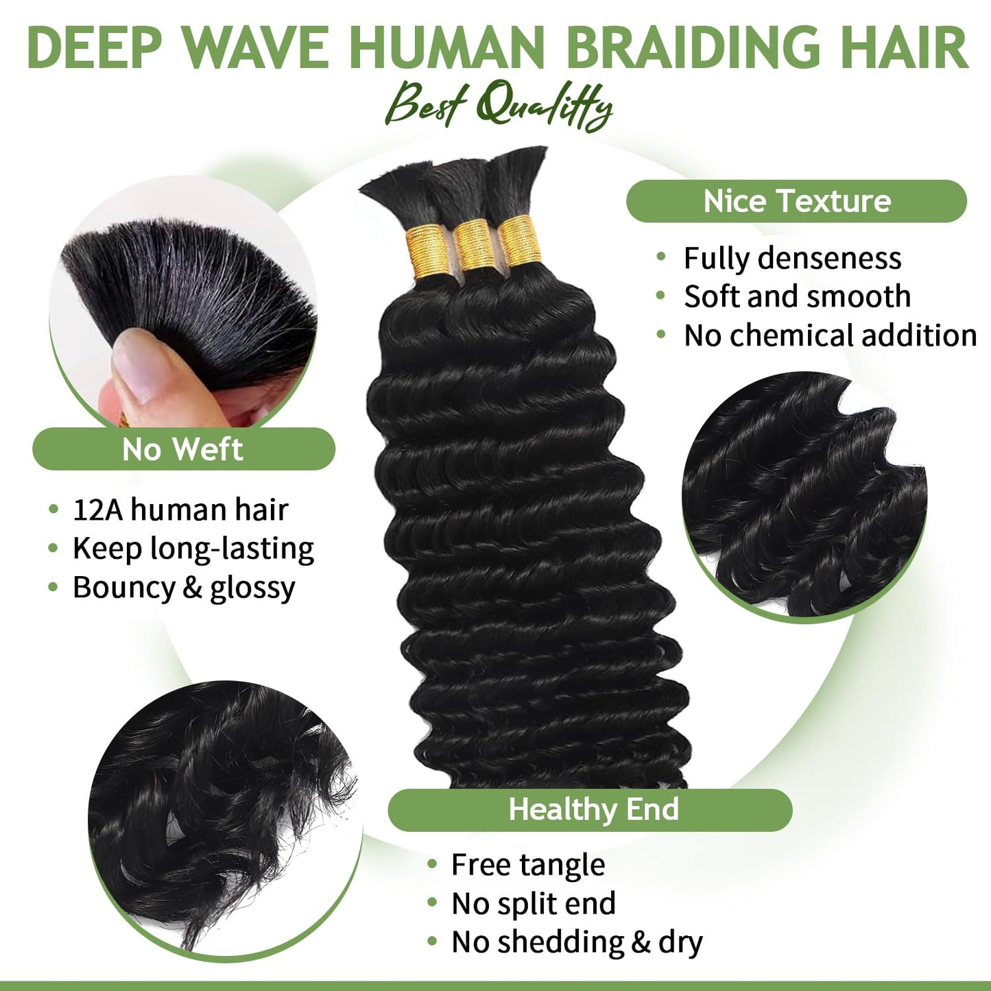 Human Braiding Hair for Boho Braids 120g 12A Deep Water Wave Bulk Human Hair Knotless Boho Braiding Curly 100% Virgin No Weft Extensions Bohemian Braids 3 Bundles/Pack Natural Color 24 Inch
